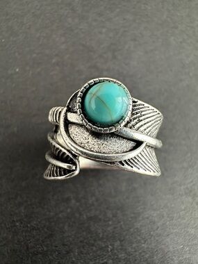 Turquoise Stone Sterling Silver Feather Statement Ring